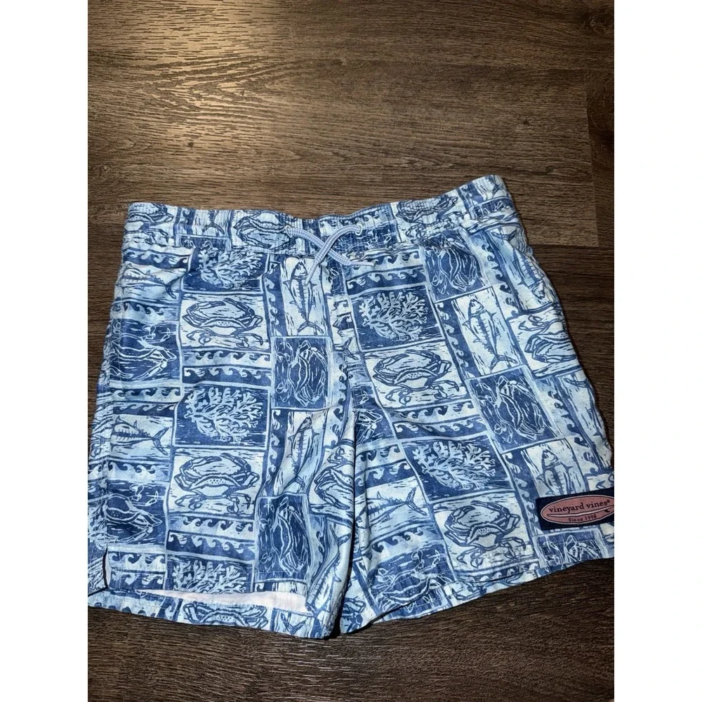Vineyard Vines Kids Boys Sz 6 Nautical Print Swim Trunks Blue Mesh Lining